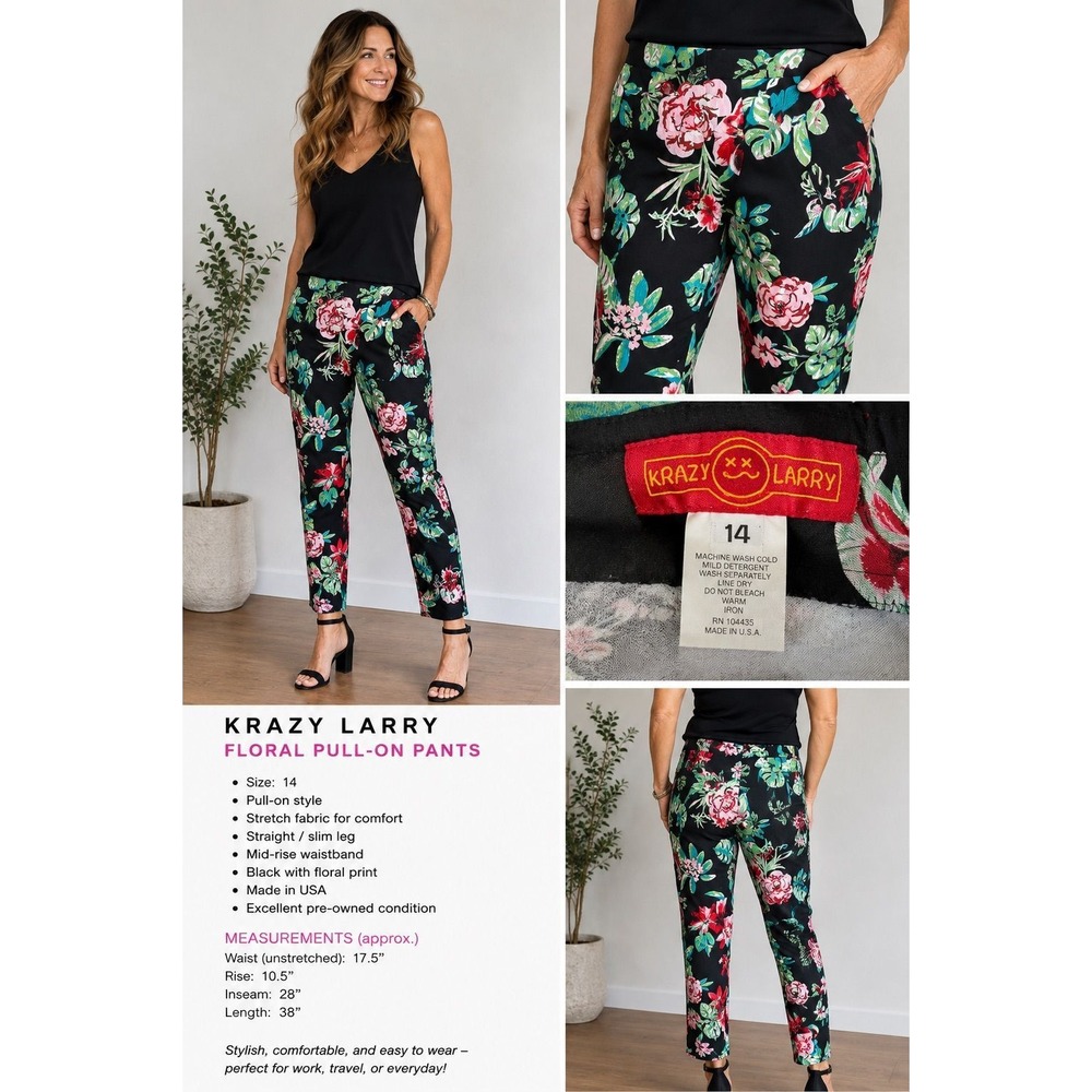 Krazy Larry Black Floral Pull-On Pants Size 14 | Stretch Career Ankle Pants